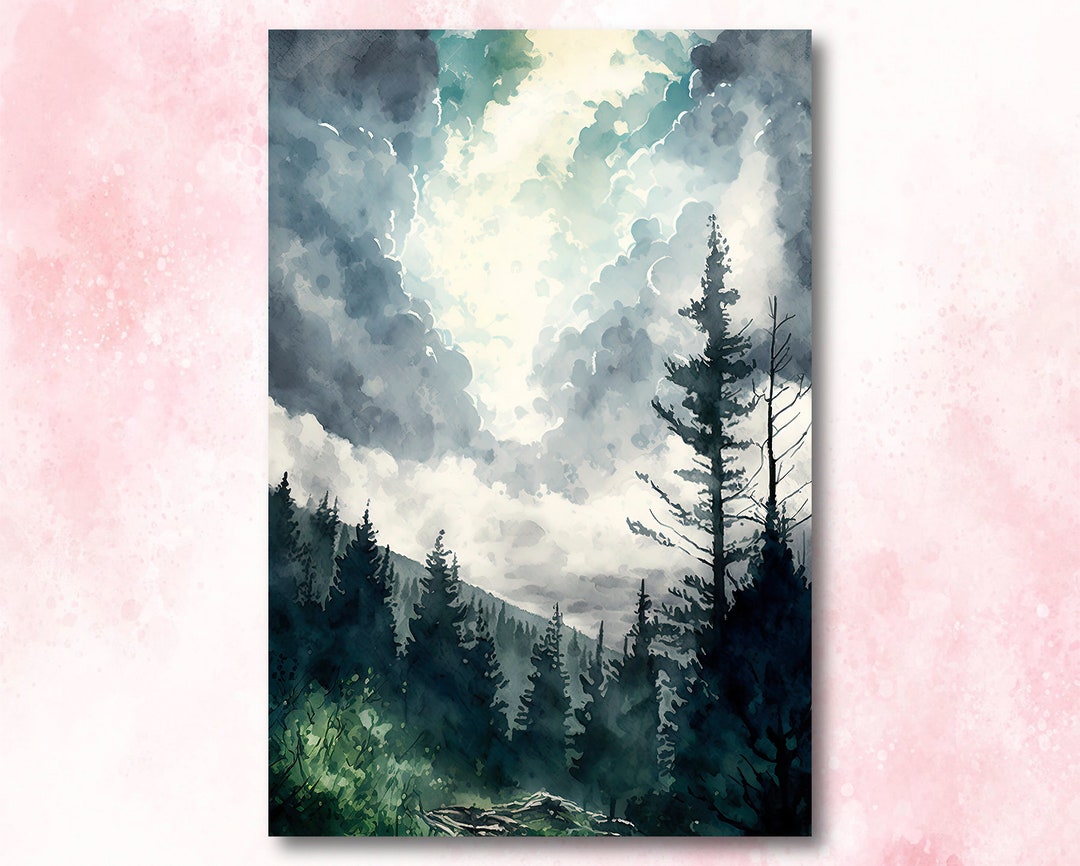 Watercolor Forest Landscape Sage Green Wall Art Painting Pine Tree ...