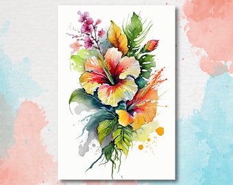 Hawaiian Hibiscus Flower Bouquet Print Watercolor Botanical Wall Art Flower Painting Gift Floral Tropical Home Decor