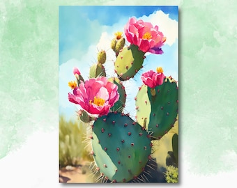 Flower Prickly Pear Cactus Print Watercolor Painting Botanical Desert Wall Art Nature Inspired Sonoran Art Southwest Gift Western Decor