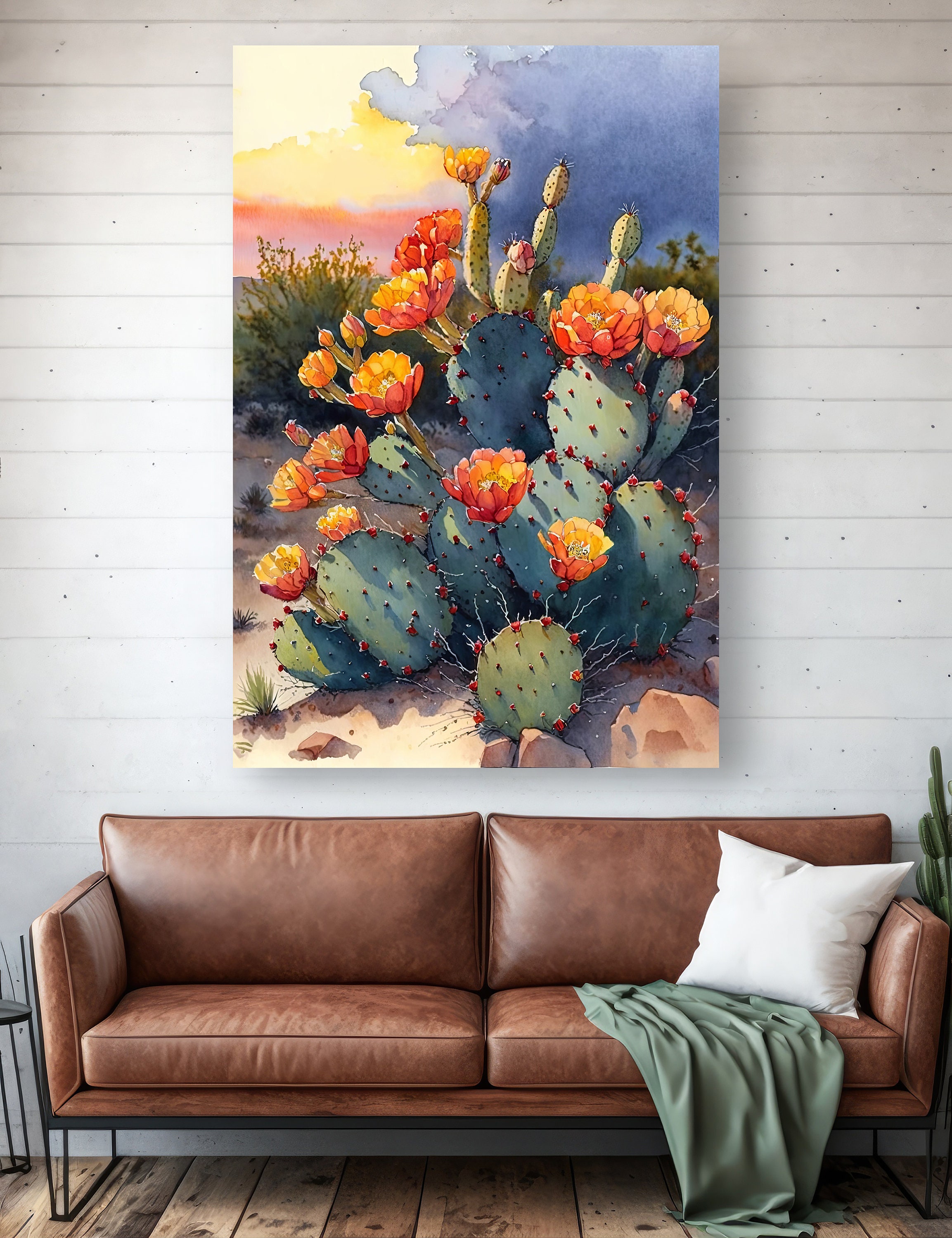 Flower Prickly Pear Cactus Sunset Art Print Watercolor Botanical Desert ...