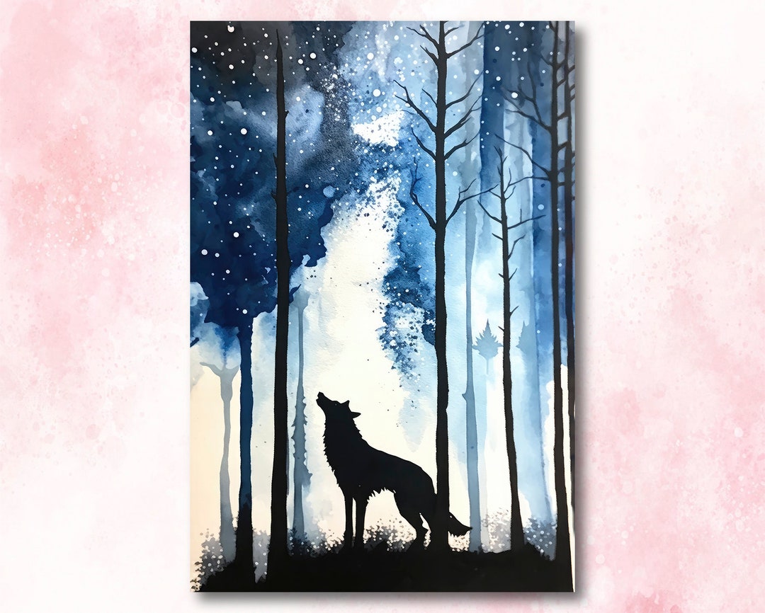 Wolf Starry Night Sky Art Watercolor Forest Wall Art Print Nature ...