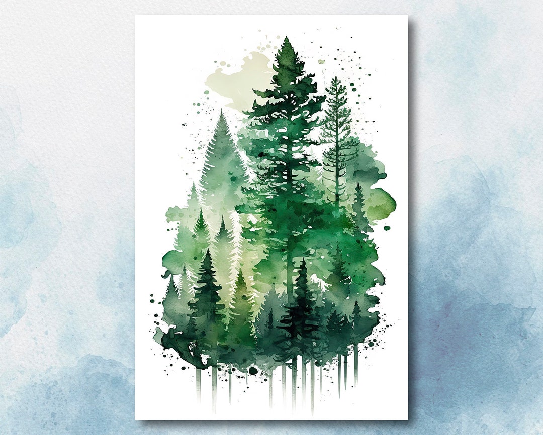 Watercolor Forest Landscape Sage Green Wall Art Painting Pine Tree ...