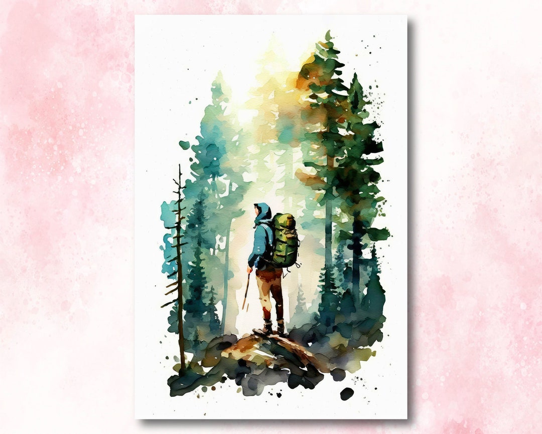 Hiking Mountain Forest Wall Art Watercolor Nature Inspired Backpacking ... - Wall Art For Outdoorsy People