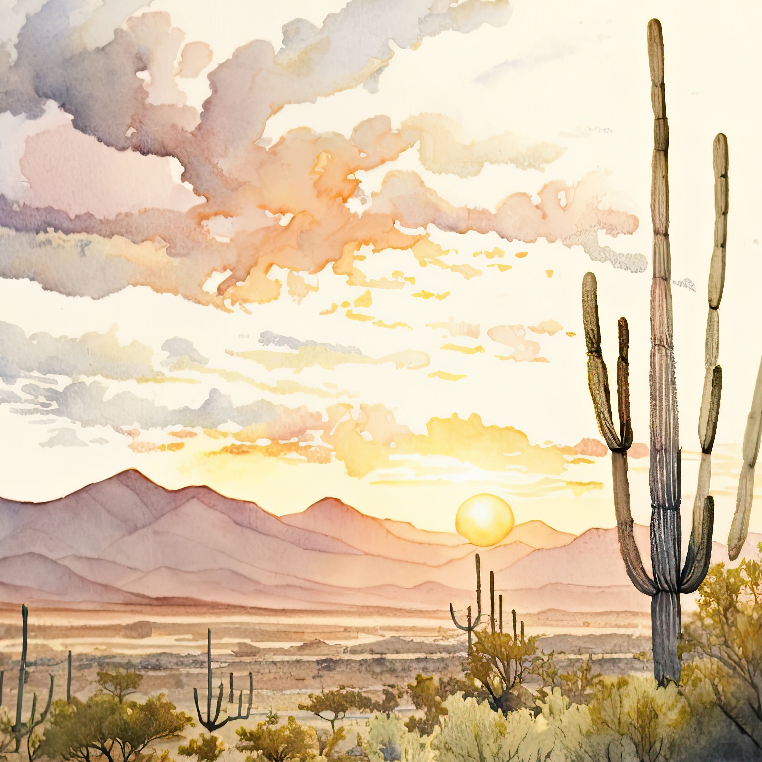 Desert Sunset Print Colorful Watercolor Wall Art Southwest Landscape ...