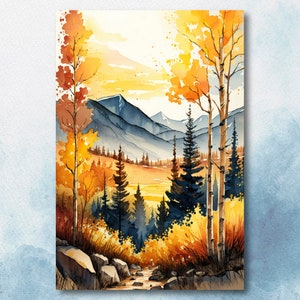 Otoño bosque montaña pared arte cabaña decoración paisaje acuarela pintura otoño impresiones al aire libre regalos Woodland Nursery Cottagecore Decor