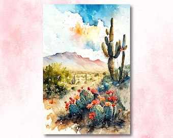 Arizona Cactus Flower Print, Desert Landscape Watercolor Boho Wall Art