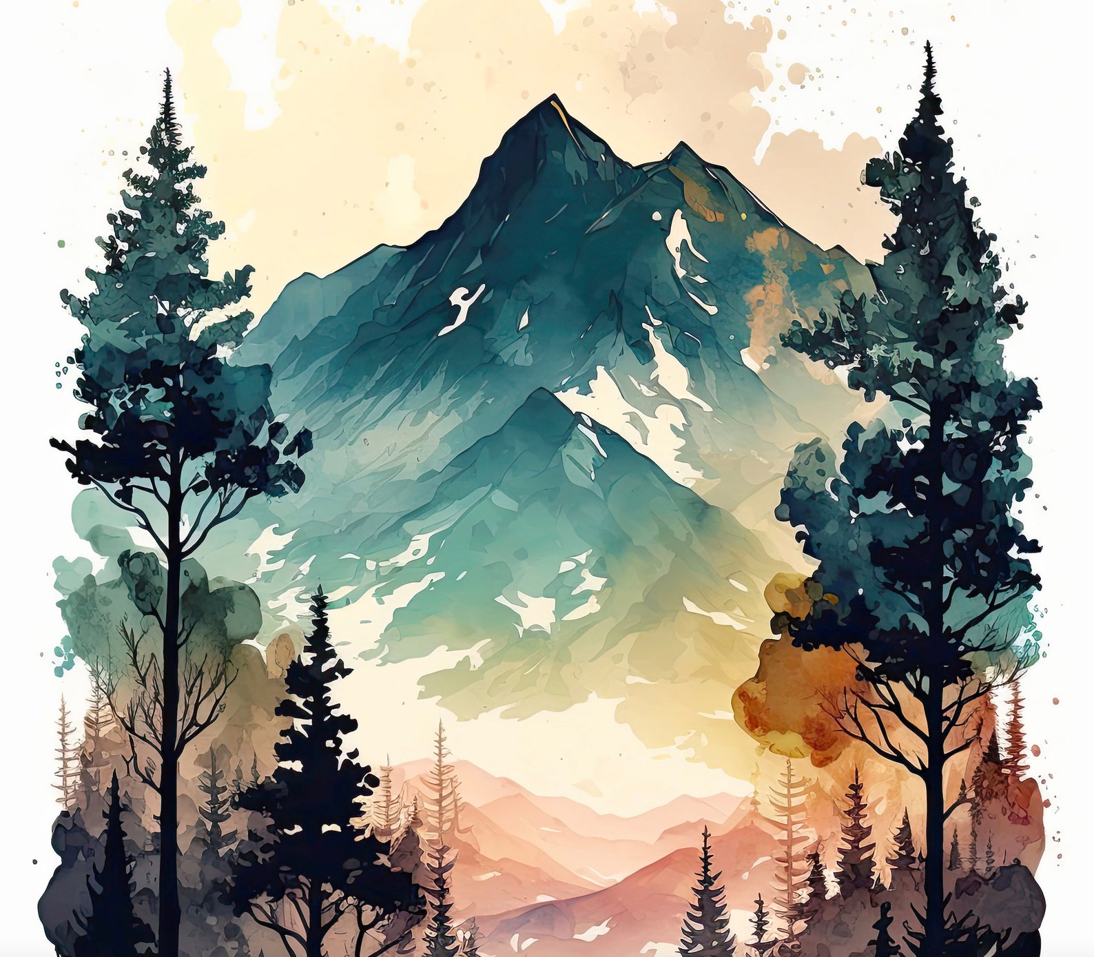 Forest Mountain Wall Art Landscape Cabin Decor Painting Watercolor ...
