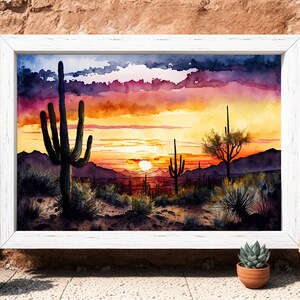 Desert Sunset Print Colorful Watercolor Wall Art Southwest Landscape ...