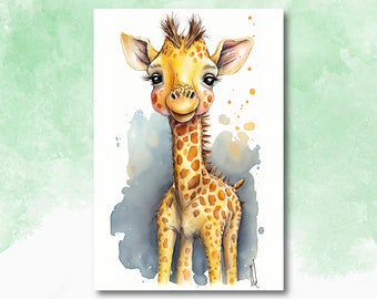 Baby Giraffe Watercolor Print African Nature Wall Art Kids Nursery Wildlife Gift Cute Animal Home Decor