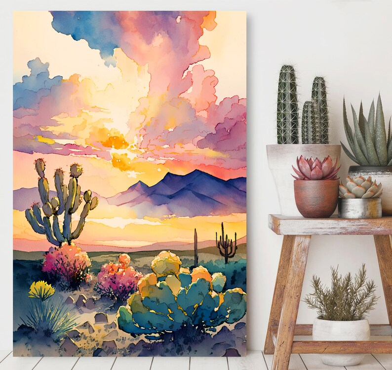 Desert Cactus Sunset Print Colorful Watercolor Wall Art Southwest ...