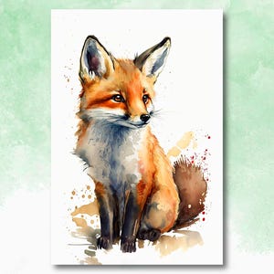 Watercolor Baby Fox Print, Forest Animal Wall Art Poster, Nature Wildlife Canvas Gift, Wild Woodland Painting, Rustic Lodge Home Decor