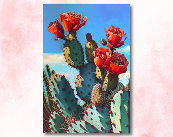 Puede incluir: Un primer plano de un cactus chumbera en flor. El cactus tiene almohadillas de color verde brillante con espinas rojas y está cubierto de grandes flores rojas vibrantes. El fondo es un cielo azul claro.