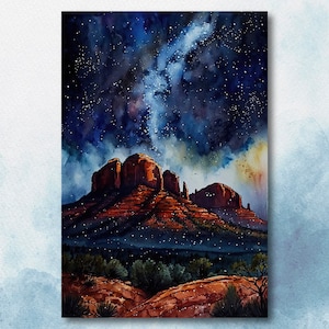 Watercolor Sedona Milky Way Sonoran Art Print Arizona Desert Wall Art Landscape Gift Starry Night Sky Southwestern Decor