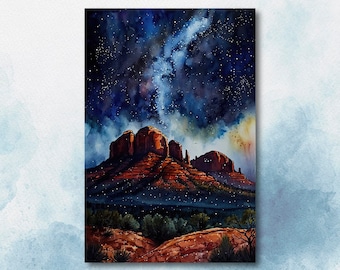 Watercolor Sedona Milky Way Sonoran Art Print Arizona Desert Wall Art Landscape Gift Starry Night Sky Southwestern Decor
