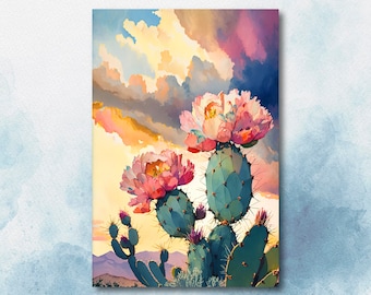 Flower Prickly Pear Cactus Sunset Art Print Watercolor Botanical Desert Wall Art Nature Inspired Sonoran Art Southwest Western Decor