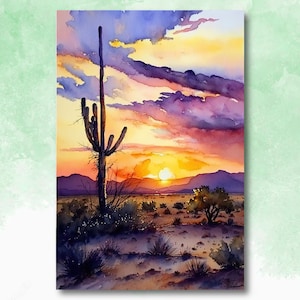 Desert Sunset Print Colorful Watercolor Wall Art Southwest Landscape ...
