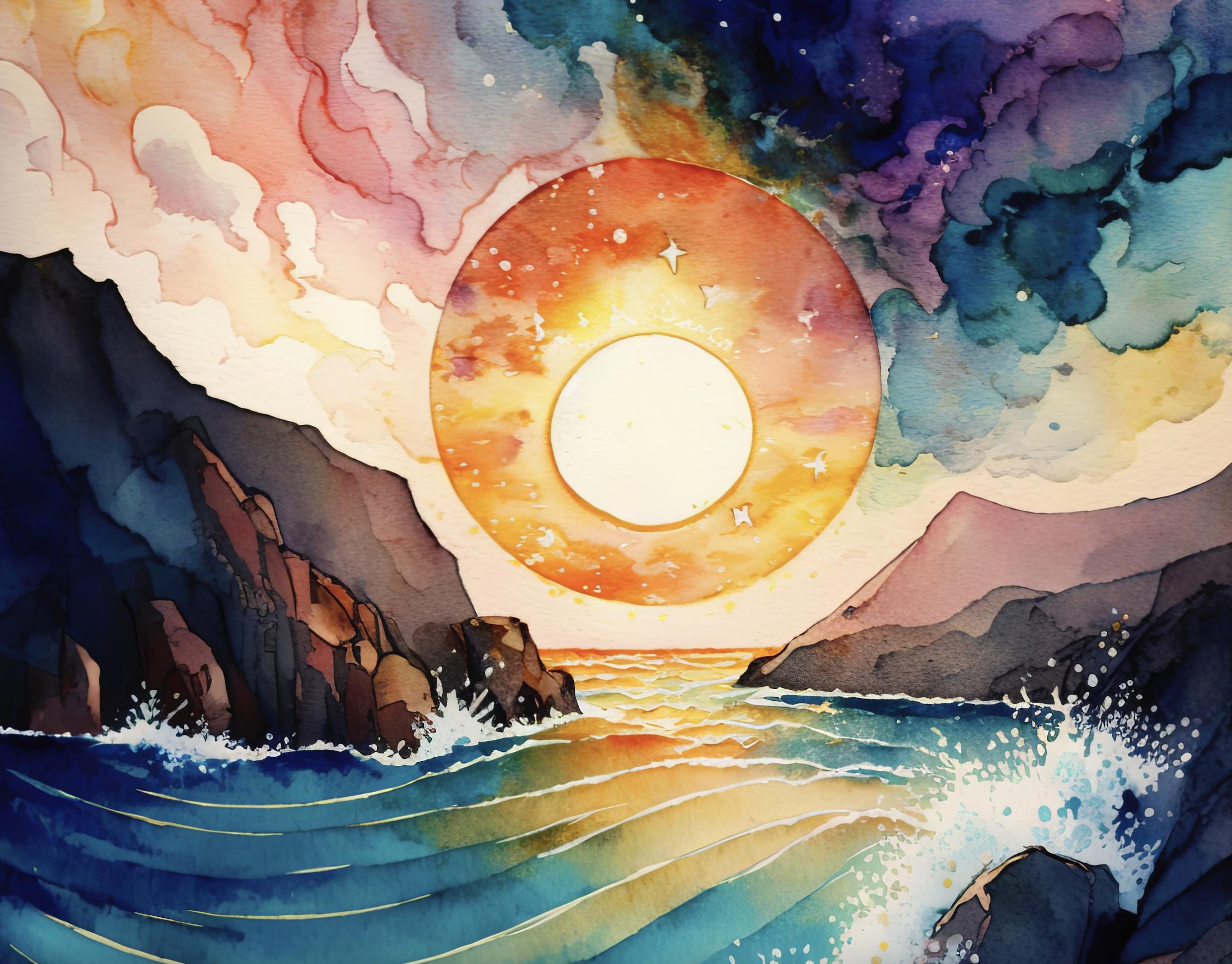 Ocean Wave Sunset Watercolor Print, Starry Night Sky Inspired Seascape ...