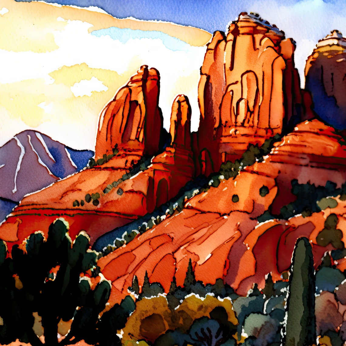 Watercolor Sedona Arizona Sunset Art Print Southwest Wall Art Etsy
