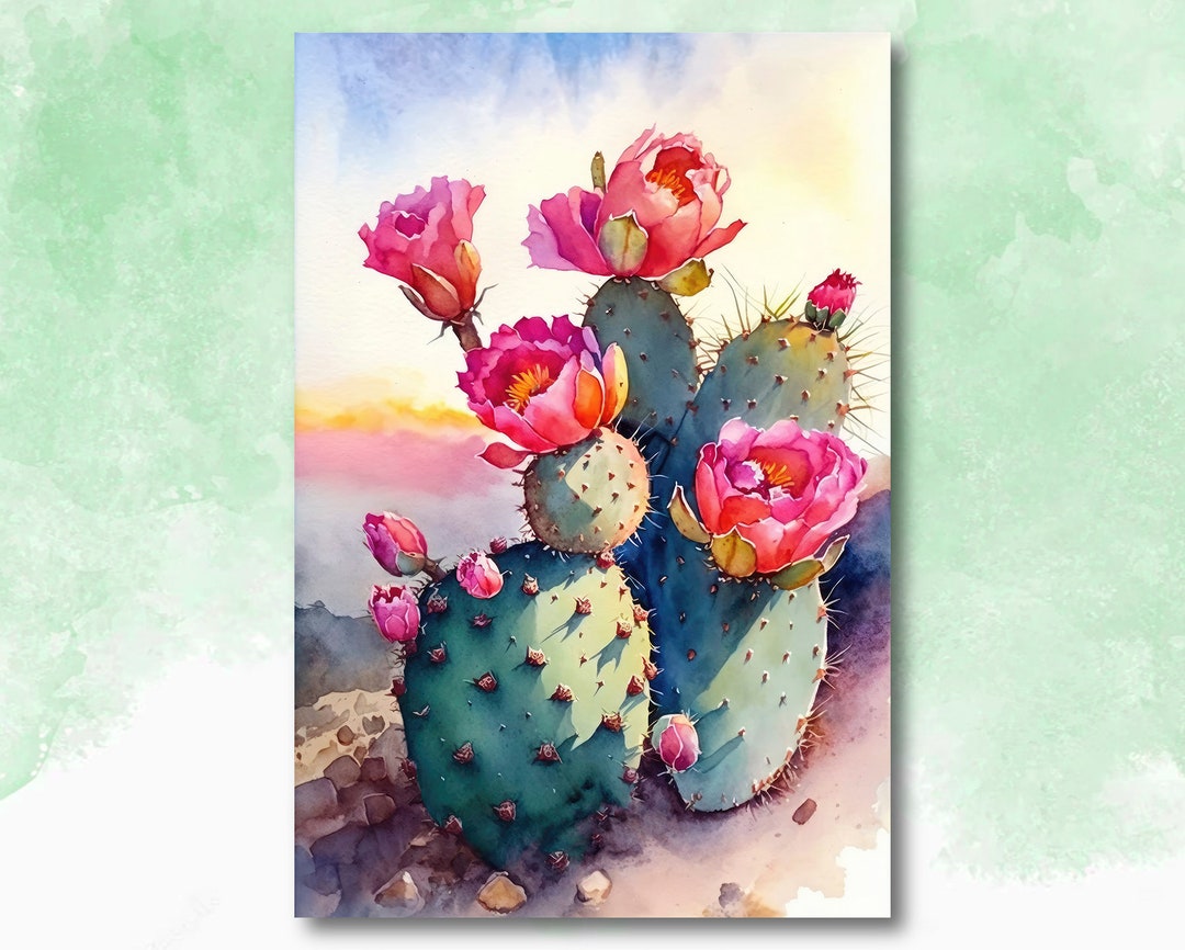 Flower Prickly Pear Cactus Sunset Art Print Watercolor Botanical Desert ...