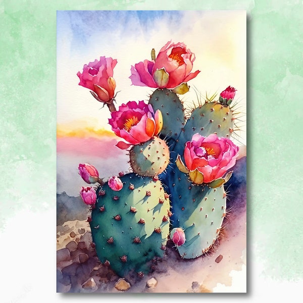 Flower Prickly Pear Cactus Sunset Art Print Watercolor Botanical Desert Wall Art Nature Inspired Sonoran Art Southwest Western Decor