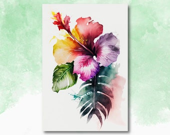 Hawaiian Hibiscus Flower Bouquet Print Watercolor Botanical Wall Art Flower Painting Gift Floral Tropical Home Decor