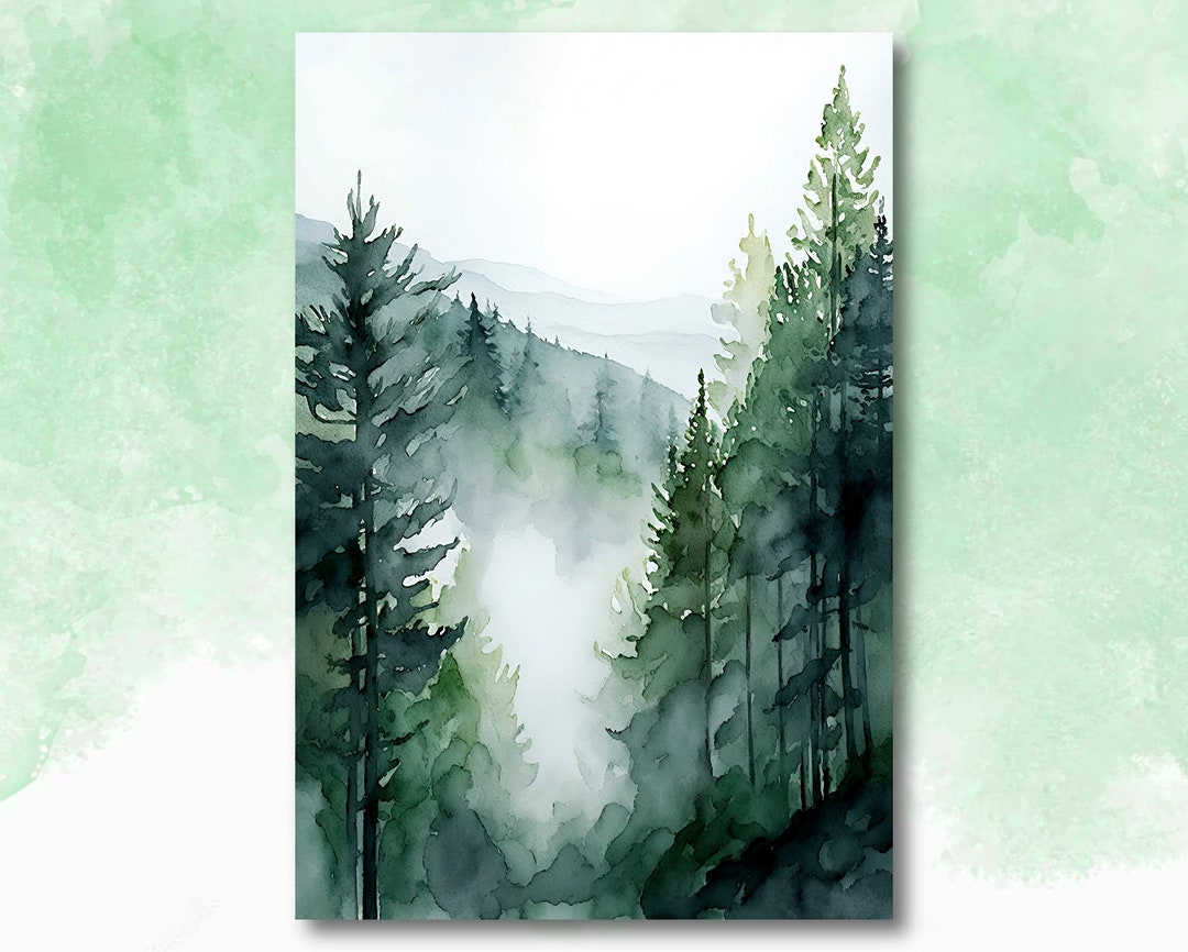 Watercolor Forest Landscape Sage Green Wall Art Painting Pine Tree ...