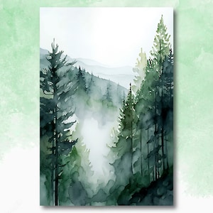 Watercolor Forest Landscape Sage Green Wall Art Painting Pine Tree Nature Landscape Gift Woodland Home Decor