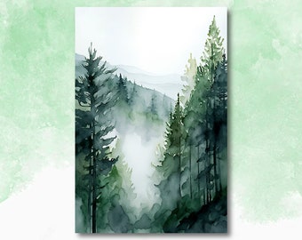 May include: A watercolor painting of a misty forest scene with tall, dark green trees and a hazy background. The painting evokes a sense of peace and tranquility.
