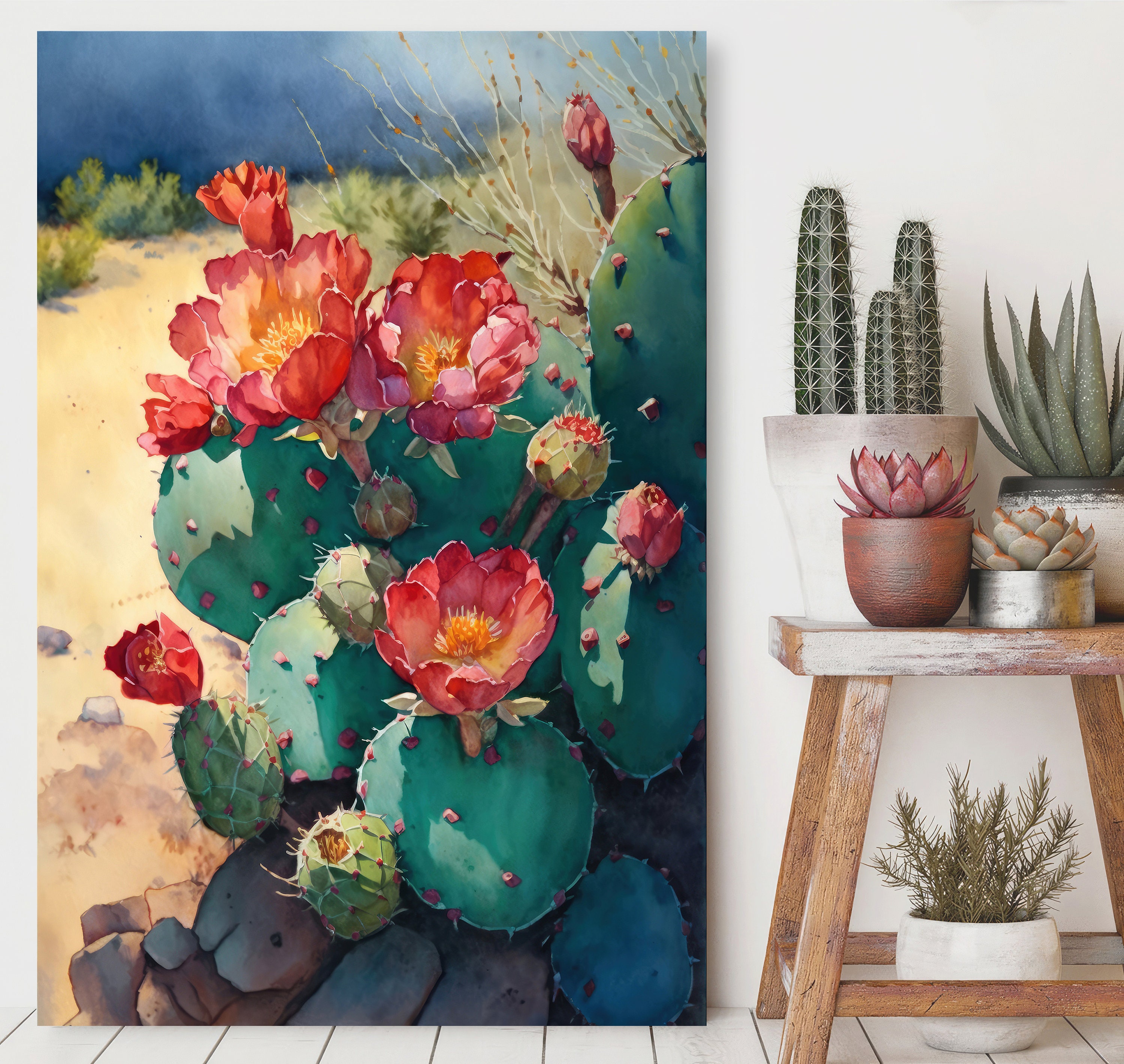Flower Prickly Pear Cactus Print Watercolor Painting Botanical Desert ...