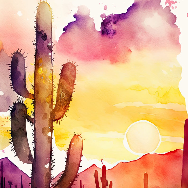 Desert Sunset Print Colorful Watercolor Wall Art Southwest Landscape ...