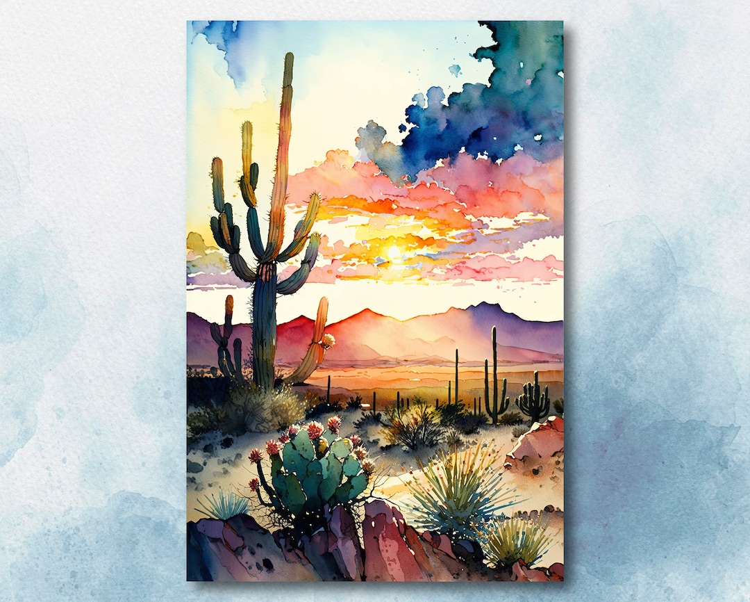 Desert Cactus Sunset Print Colorful Watercolor Wall Art Southwest ...