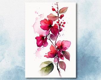 Bougainvillea Vines Watercolor Painting Floral Print Mediterranean Botanical Wall Art Magenta Tropical Flowers Gift Nature Inspired Decor