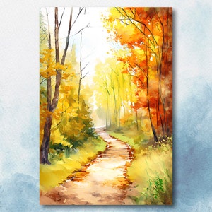 Arte de pared de bosque al atardecer de otoño, decoración de cabaña, pintura de acuarela de paisaje, impresiones de otoño, regalos para actividades al aire libre, decoración de cabaña de guardería de bosque