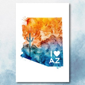 May include: Watercolor painting of the state of Arizona with a cactus and the words "I love AZ" in white text.