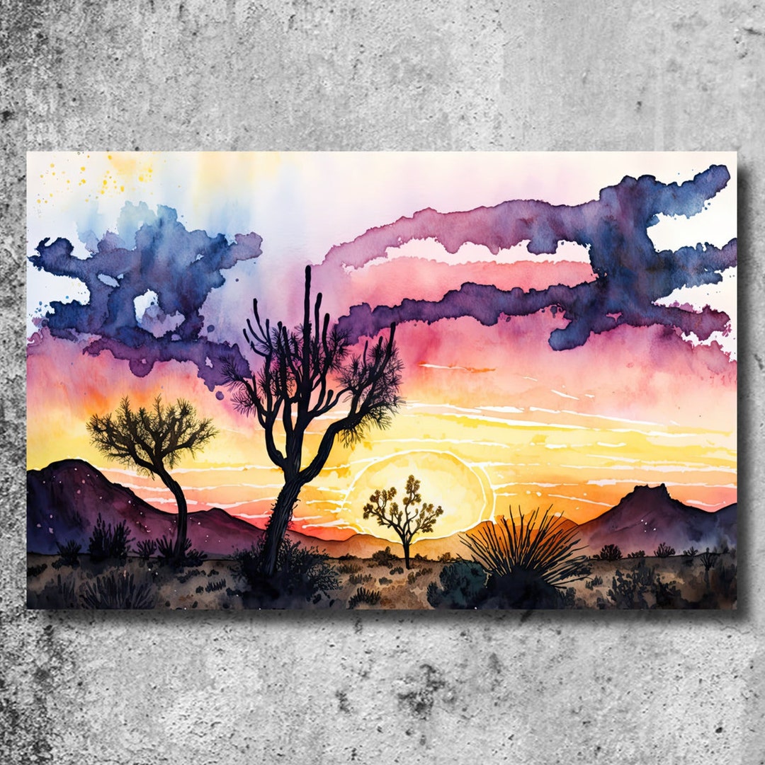 Joshua Tree Desert Sunset Print Colorful Watercolor Wall Art Southwest ...