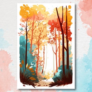 Arte de pared de bosque otoñal, decoración de cabaña, paisaje, pintura de acuarela, impresiones de otoño, regalos al aire libre, decoración de cabaña de guardería de bosque