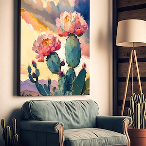 Flower Prickly Pear Cactus Sunset Art Print Watercolor Botanical Desert ...