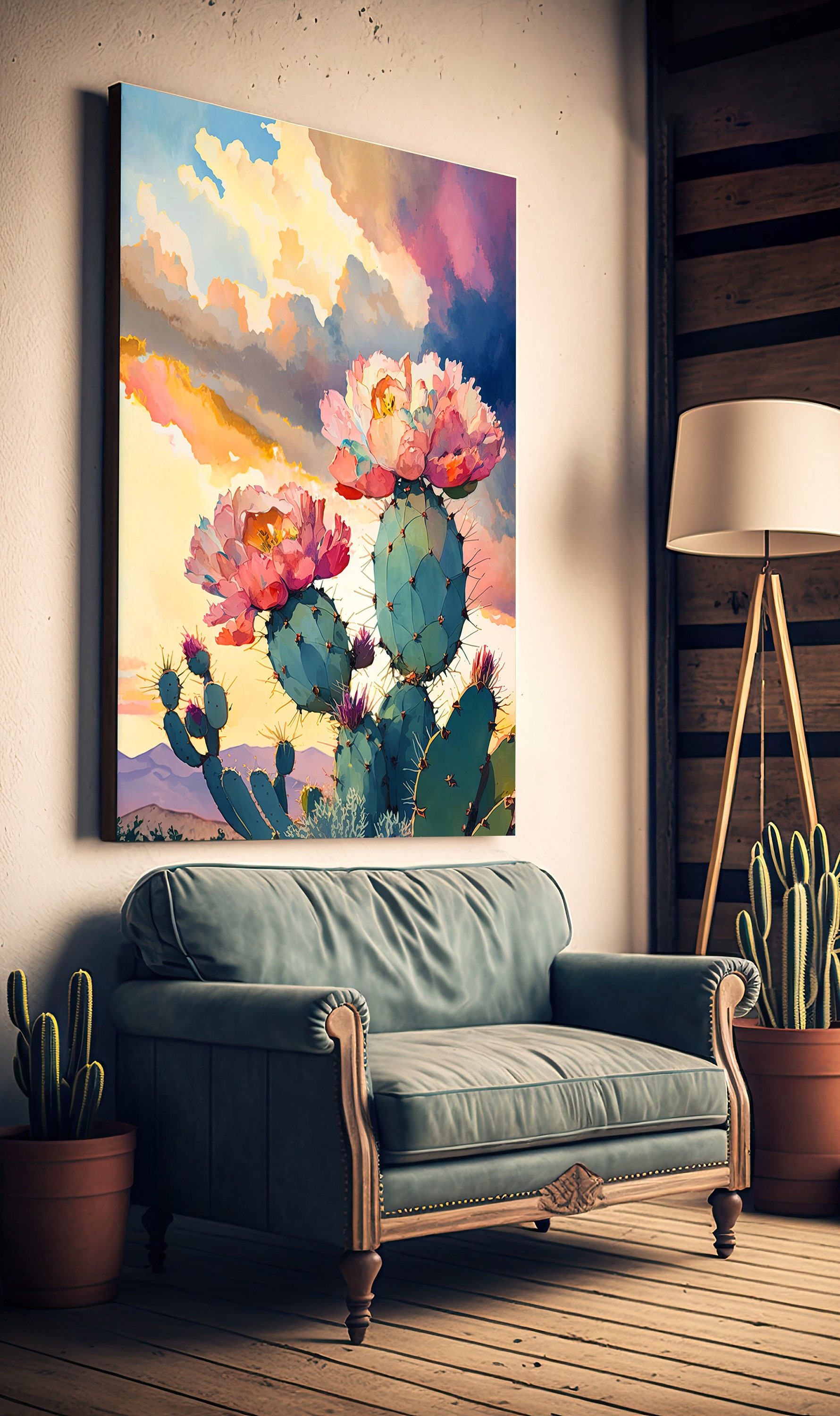 Flower Prickly Pear Cactus Sunset Art Print Watercolor Botanical Desert ...