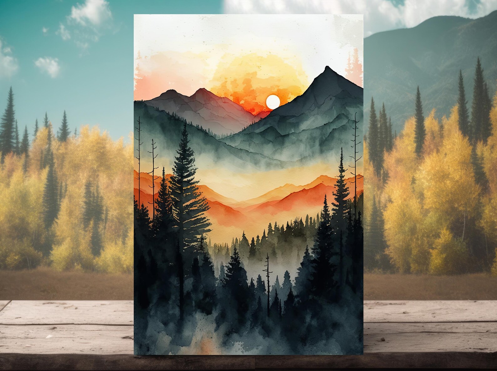Sunrise Forest Watercolor Print, Mountain Landscape Sunset Wall Art ...