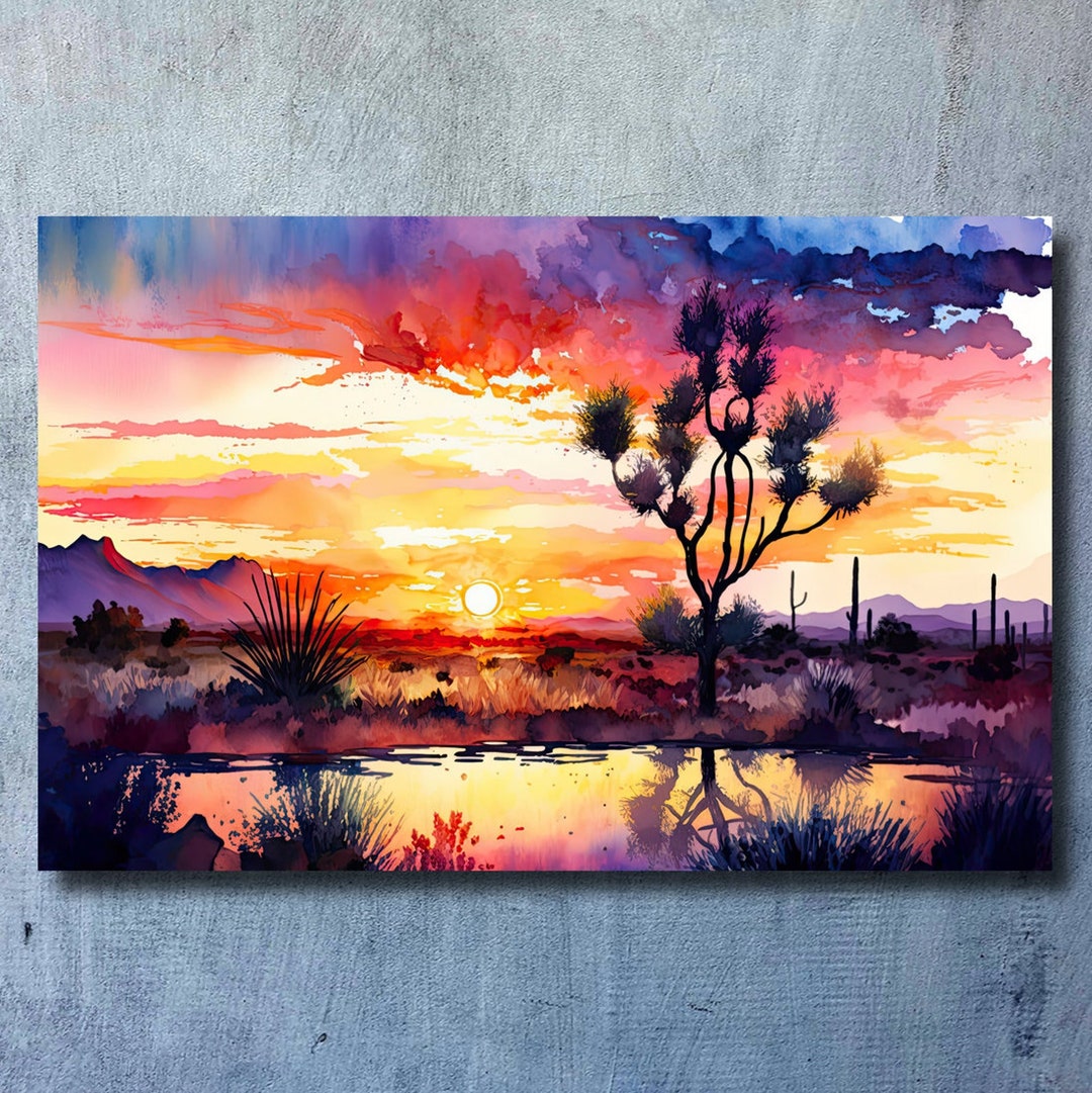 Joshua Tree Desert Sunset Print Colorful Watercolor Wall Art Southwest ...