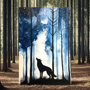 Wolf Starry Night Sky Art Watercolor Forest Wall Art Print Nature ...
