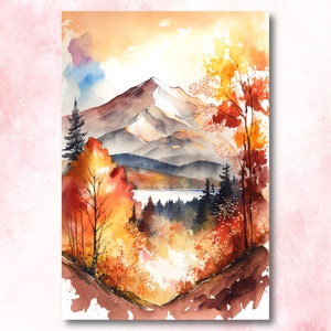 Otoño bosque montaña pared arte cabina decoración paisaje acuarela pintura otoño impresiones al aire libre regalos bosque vivero Cottagecore decoración