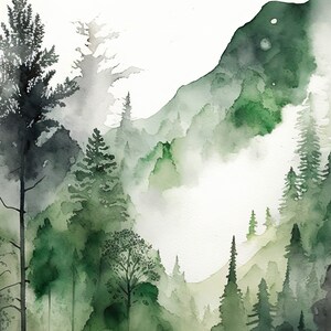 Watercolor Forest Landscape Sage Green Wall Art Painting Pine Tree ...