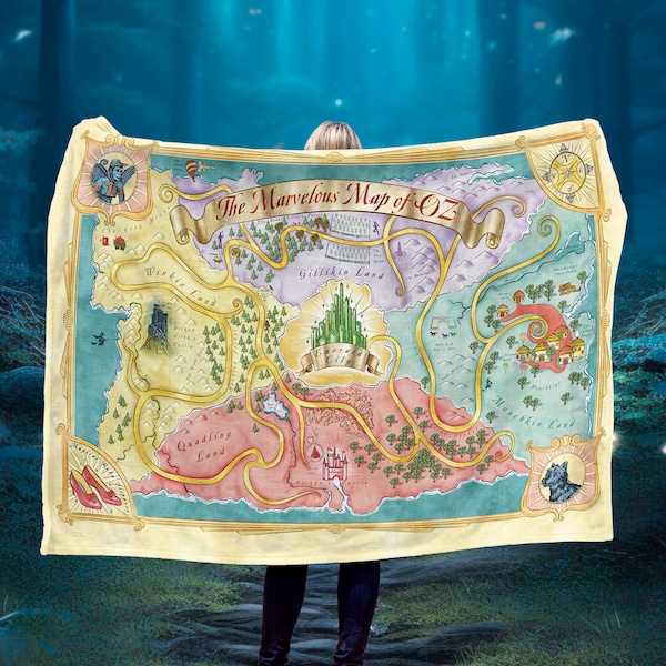 Land of Oz Map Fleece Minky Blanket, Wizard of Oz Pillow, Wicked Fantasy Gift, The Wiz Home Decor