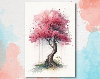 Japanese Pink Sakura Cherry Blossom Bonsai Tree Wall Art Asian Print Nature Inspired Zen Botanical Watercolor Painting Gift Floral Decor
