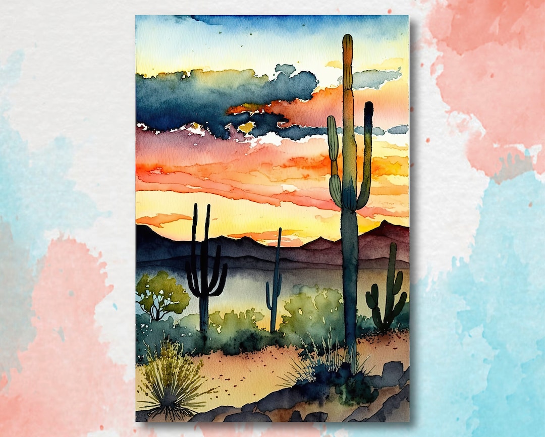 Desert Sunset Print Colorful Watercolor Wall Art Southwest Landscape ...