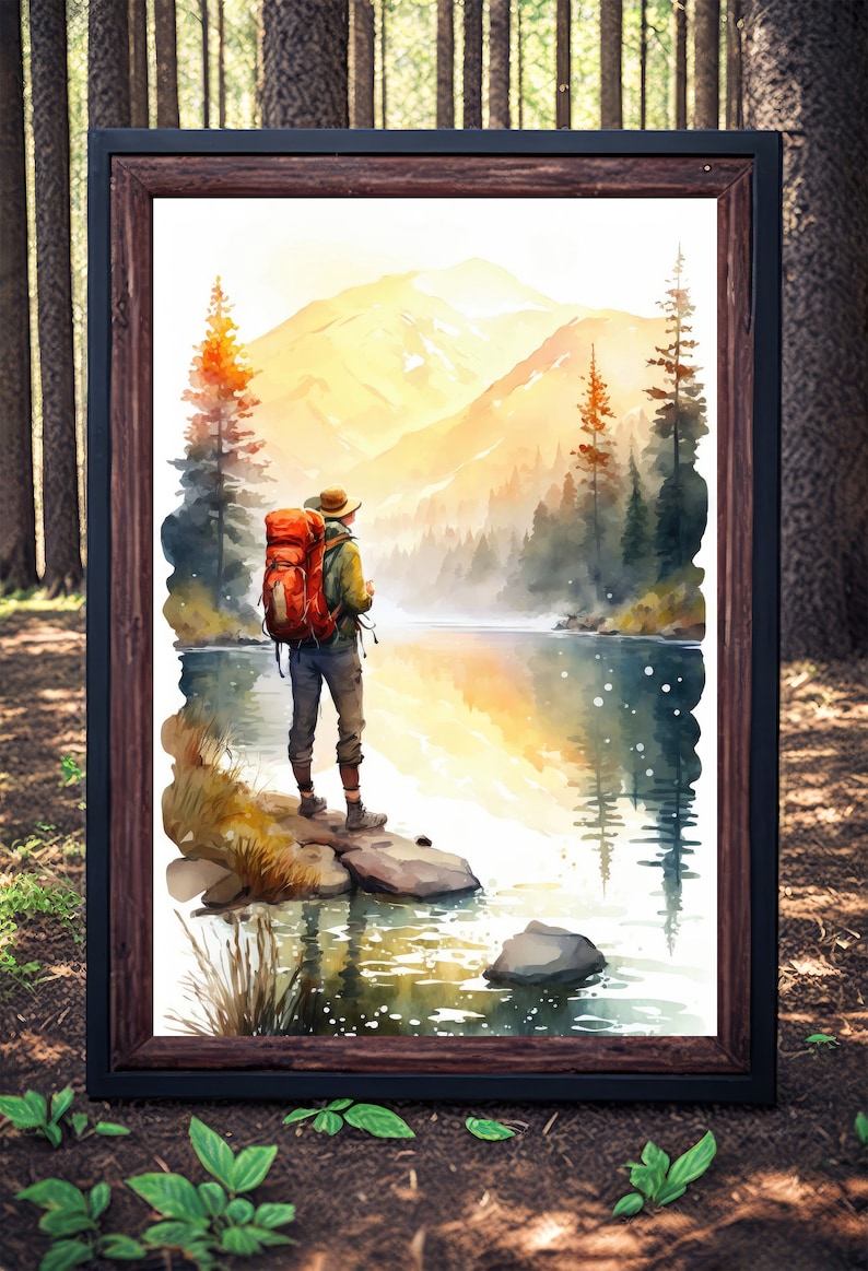 Hiking Forest Mountain Sunset Wall Art Watercolor Nature - Etsy