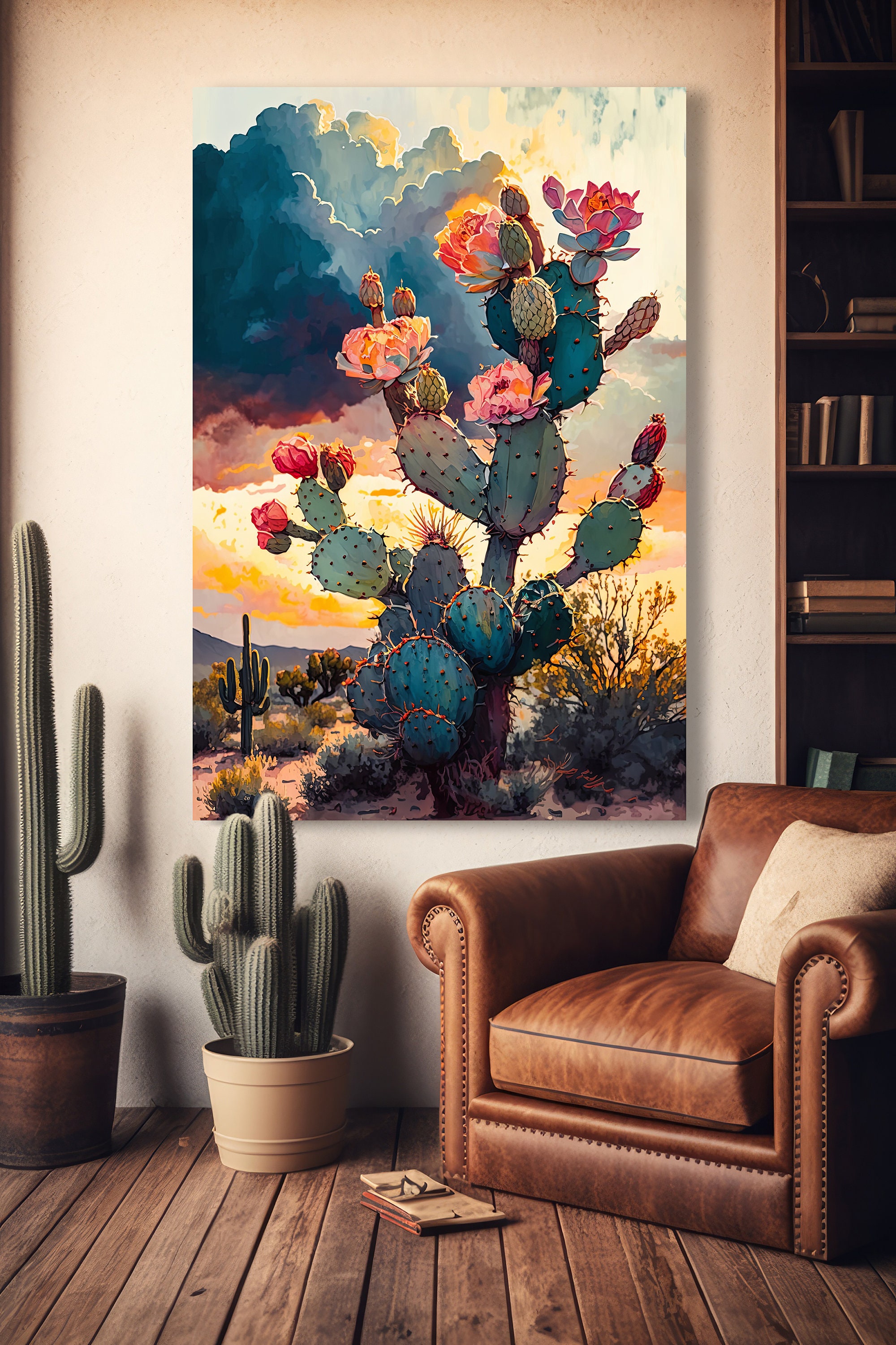 Flower Prickly Pear Cactus Sunset Art Print Watercolor Botanical Desert ...
