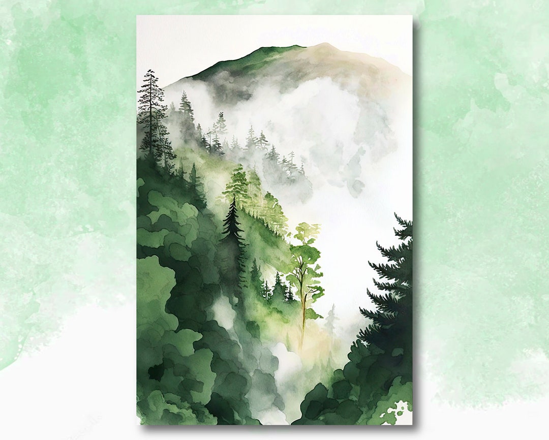 Watercolor Forest Landscape Sage Green Wall Art Painting Pine Tree ...