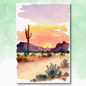 Boho Desert Sunset Print, Southwest Watercolor Landscape Wall Art
